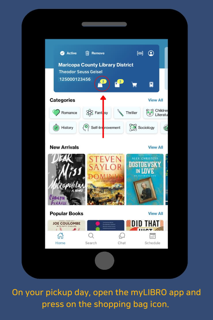 On your pickup day, open the myLIBRO app and press on the shopping bag icon.