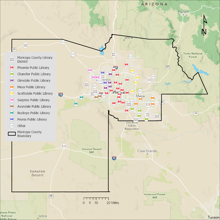 Image showing a map of Maricopa County with each library shown in its geographic location.