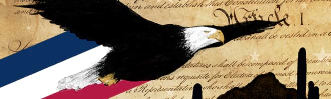 Eagle flying with the Constitution as the background