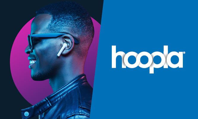 Someone listening to music and the Hoopla Logo