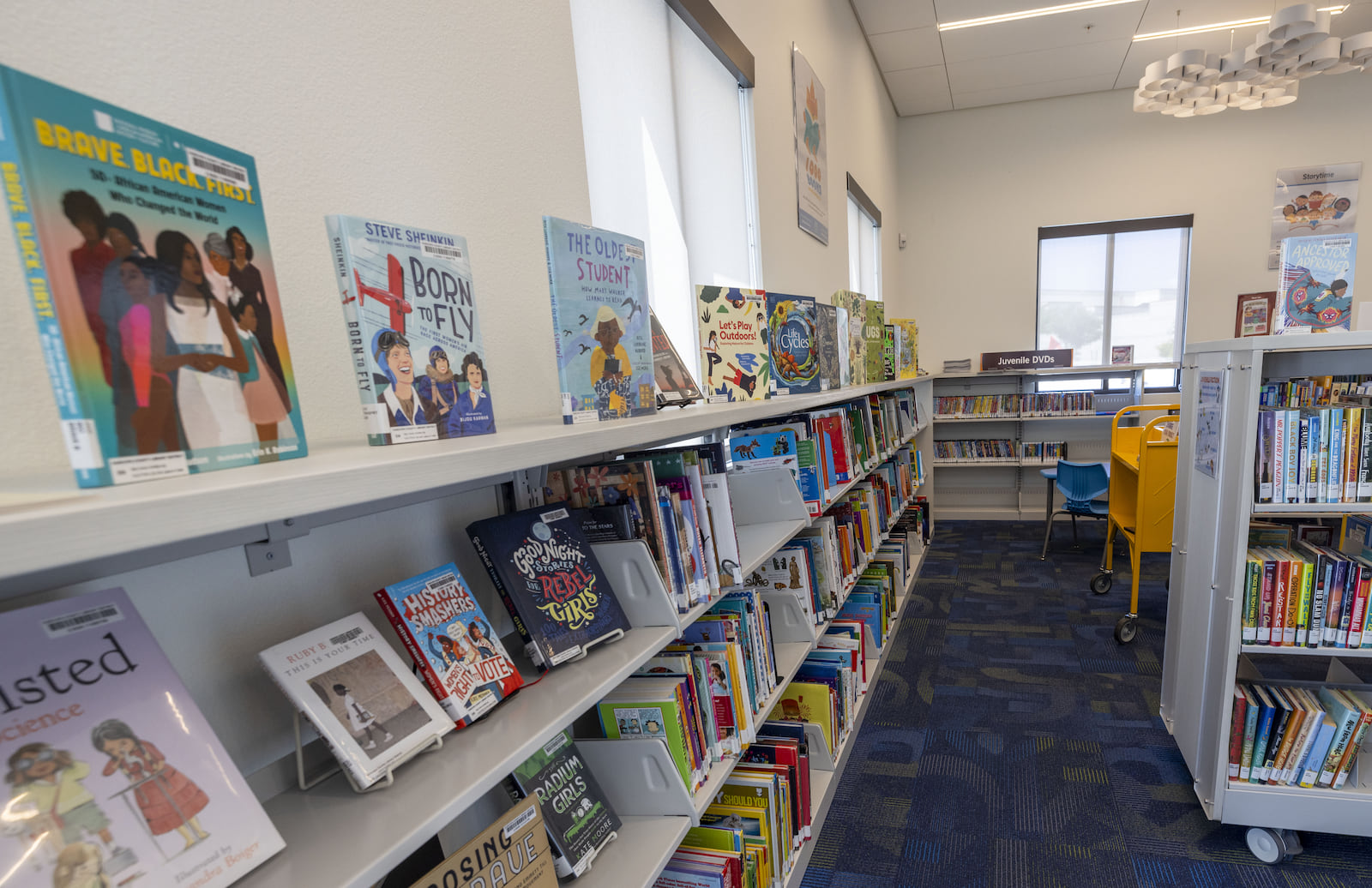 Photo of a book shelf in the kids area