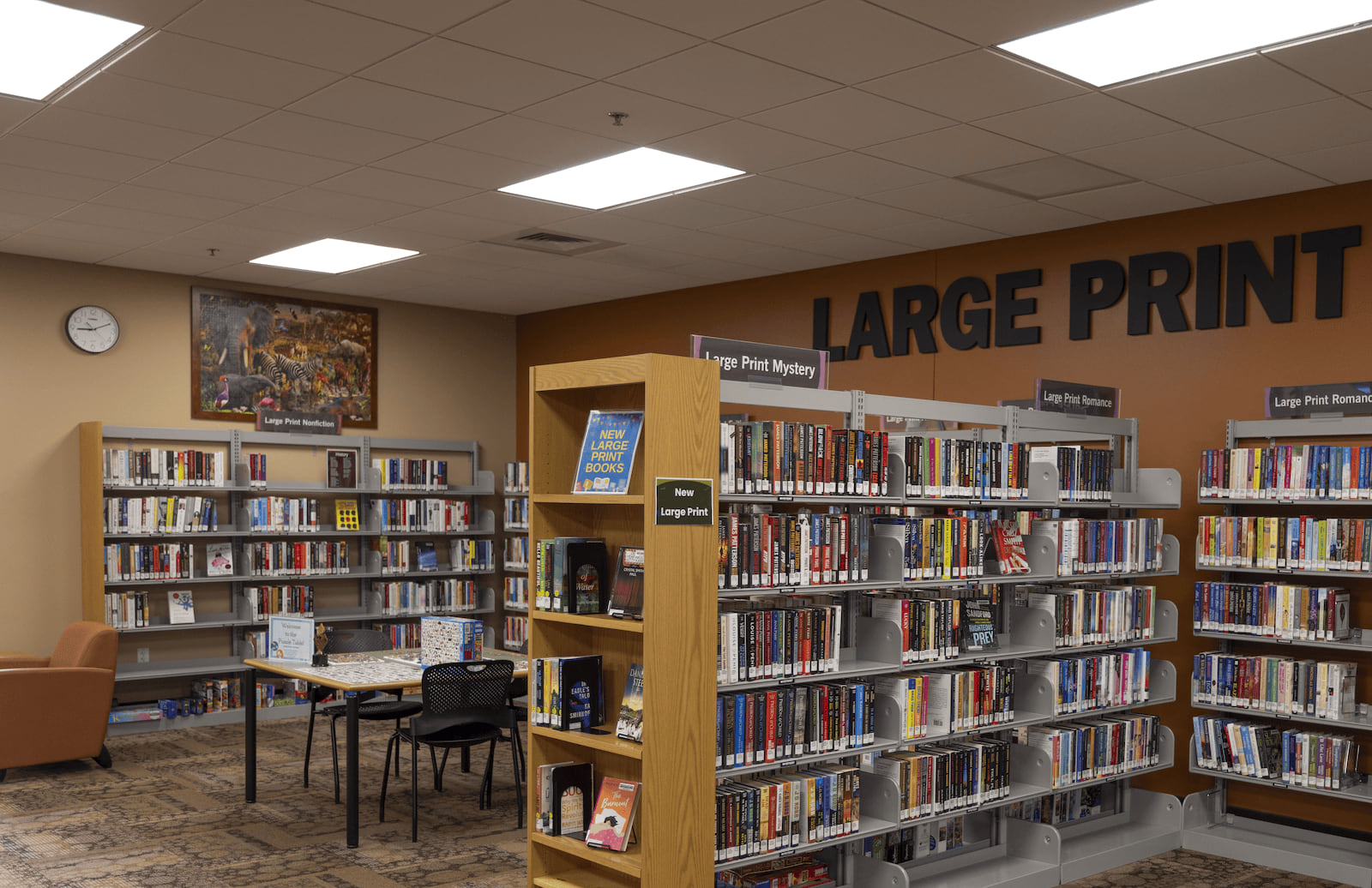 Photo of the large print shelves and puzzle table