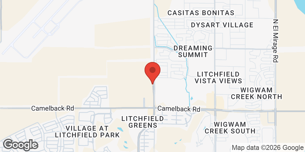 Map showing the location of Litchfield Park library near the major cross streets Camelback Road and Litchfield Road.